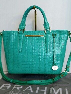 Brahmin Turquoise La Scala Mini Arno Croc Embossed Leather Crossbody Satchel Bag